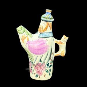 Vintage Hand Painted Rockingham Man and Cat Whimsical Porcelain Teapot